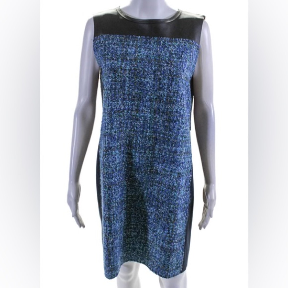 Elie Tahari Blue Tweed Kellan Leather Shift Midi Dress NEW ⭐️